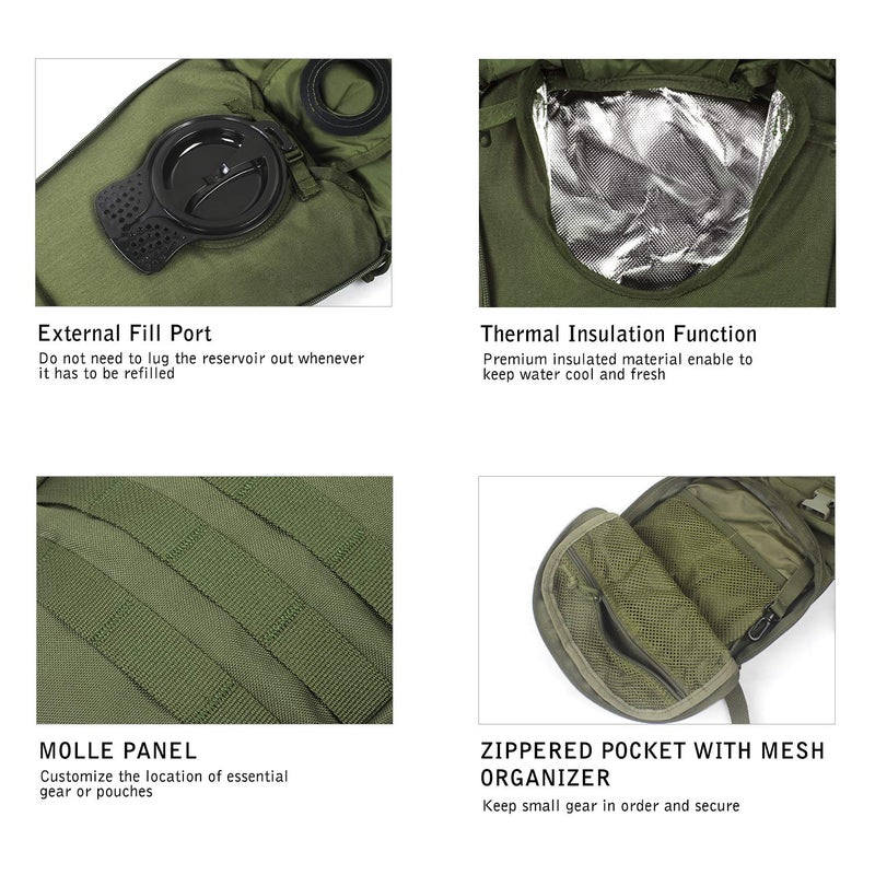 Unigear Tactical Hydration Packs Backpack 1050D with 3L Water Bladder, Thermal Insulation Pack Keeps Liquid Cool up to 4 Hours for Hiking, Cycling, Hunting and Climbing (Green) - Image 4
